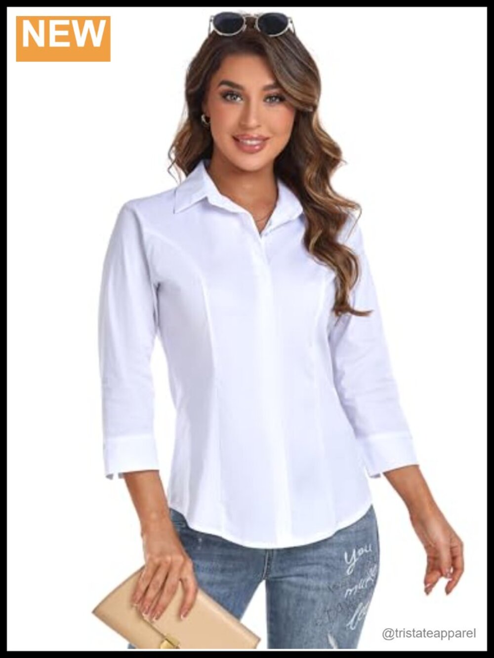 Women's 3/4 Sleeve Business Blouse Cotton Spandex Button Down